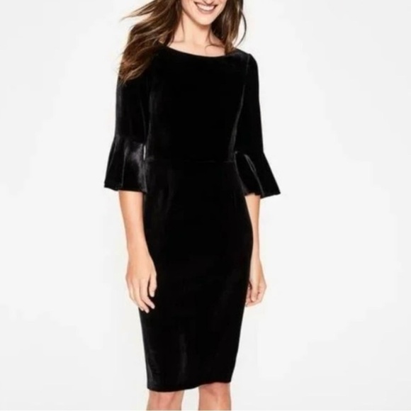Boden Women’s Black Silk Blend Velvet Aubrey Dress w/ 3/4 Bell Sleeves, Size 8L - Picture 2 of 10